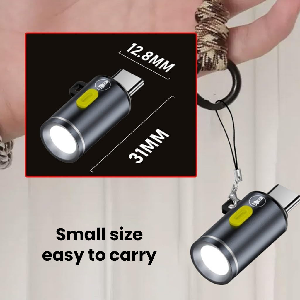 Compact TECPHILE USB-C Mini Flashlight Adapter measures 31mm, easily attaches to keychains for everyday carry and quick lighting access.