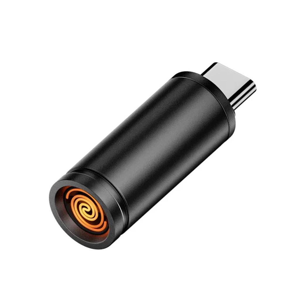 TECPHILE-OTG Igniter Adapter showing glowing ignition coil, USB-C powered mini lighter ideal for windproof ignition without fuel or batteries.