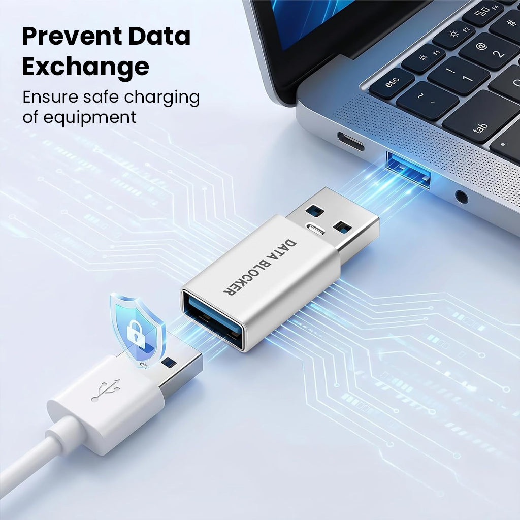 TECPHILE USB-A Data Blocker Adapter prevents data exchange, ensuring safe charging from laptops and public USB ports.