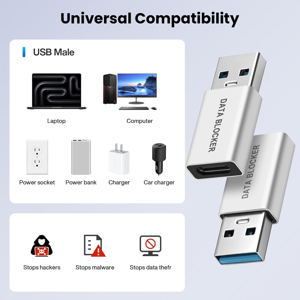 TECPHILE USB-A to USB-C Data Blocker Adapter supports universal compatibility and protects against cyber threats during charging.
