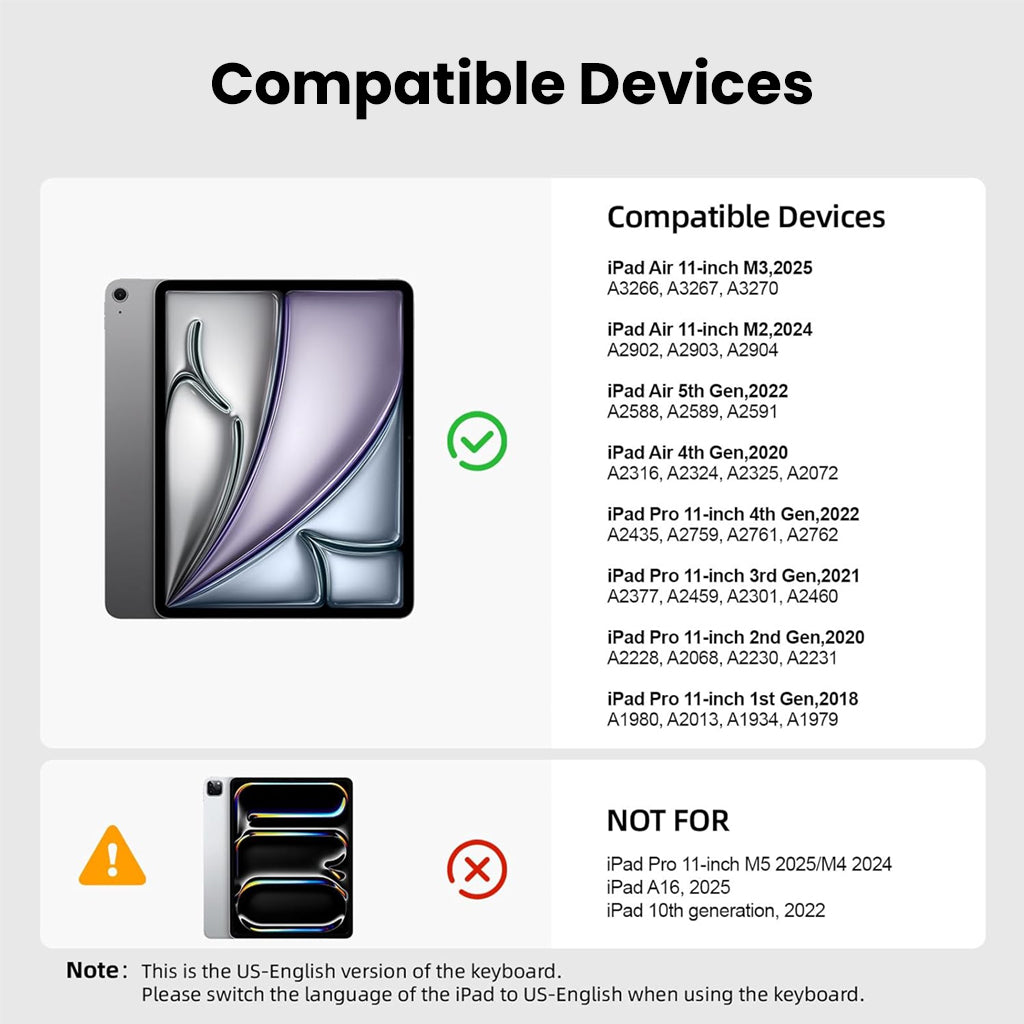 Compatibility chart for TECPHILE CD11 keyboard case showing supported iPad Pro 11” M5 and iPad Air 10.9” models with model numbers.