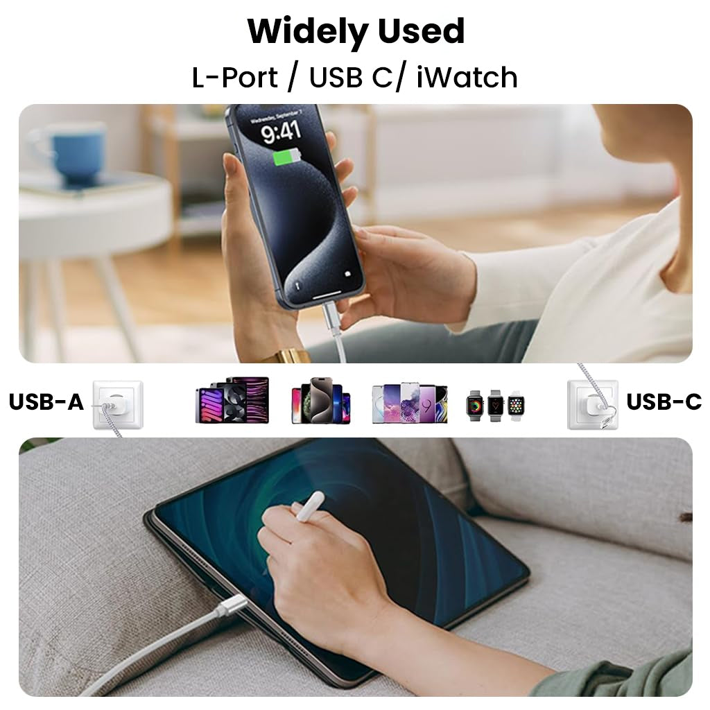 TECPHILE 3-in-2 fast charging cable in use with iPhone and tablet, compatible with USB-A, USB-C, Lightning, and iWatch devices for versatile charging.