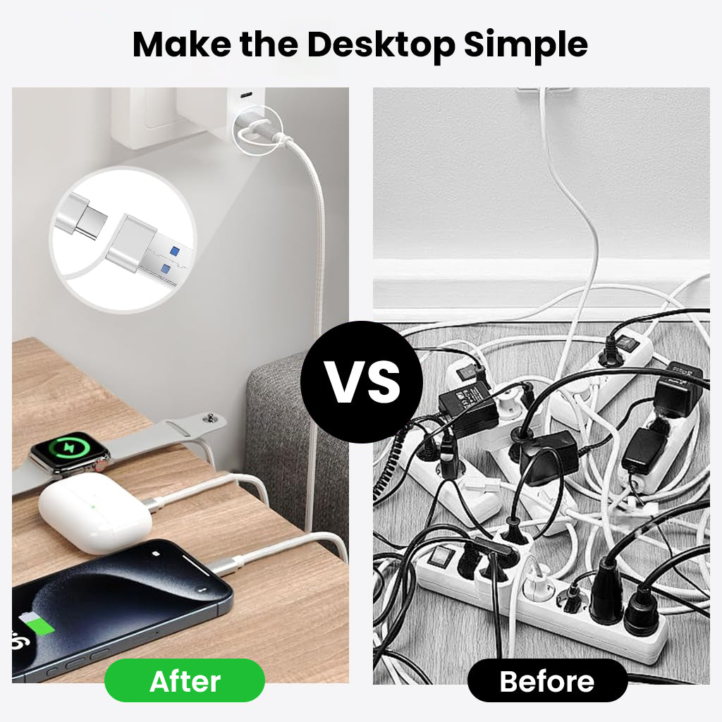 Comparison of cluttered vs organized charging setup using TECPHILE Multi-Fast Charging Cable, simplifying desktop with 3-in-2 charging solution.