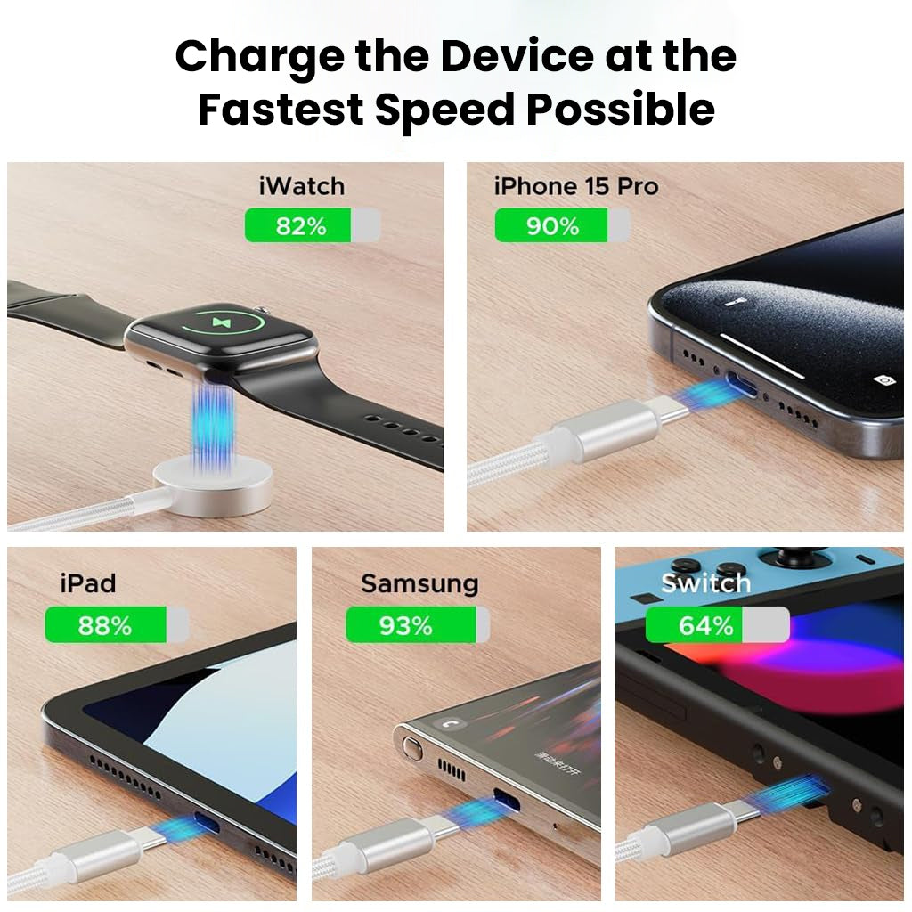TECPHILE 100W PD cable charging iWatch, iPhone, iPad, Samsung, and Switch at high speed, showcasing multi-device compatibility and fast charging.