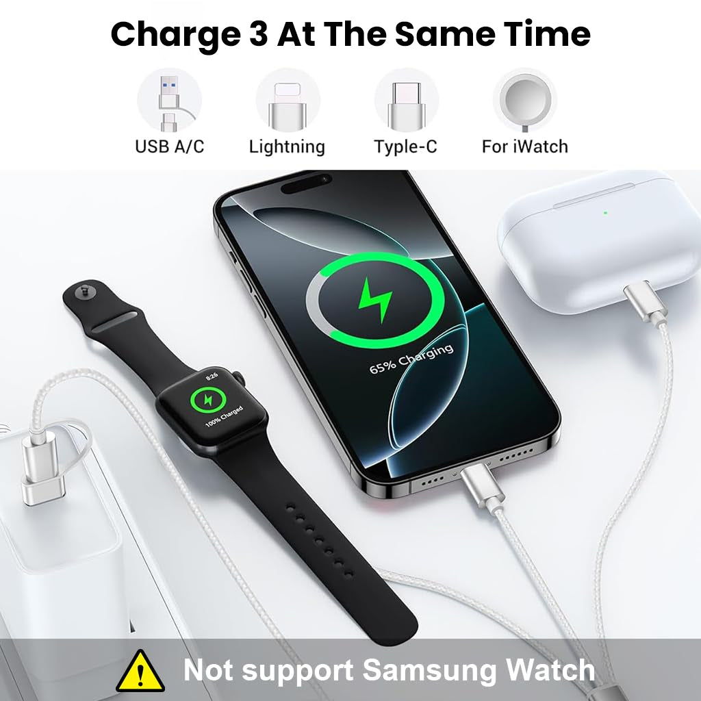TECPHILE 3-in-2 charging cable powering iPhone, iWatch, and AirPods simultaneously, supporting USB-A/C, Lightning, and iWatch charging ports.
