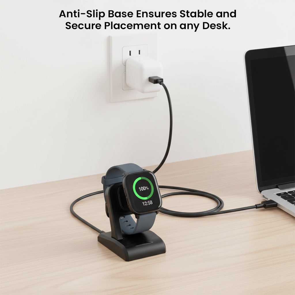 TECPHILE USB Charging Dock with anti-slip base ensures secure placement and stable charging for Fitbit Sense & Versa 3 on any desk.