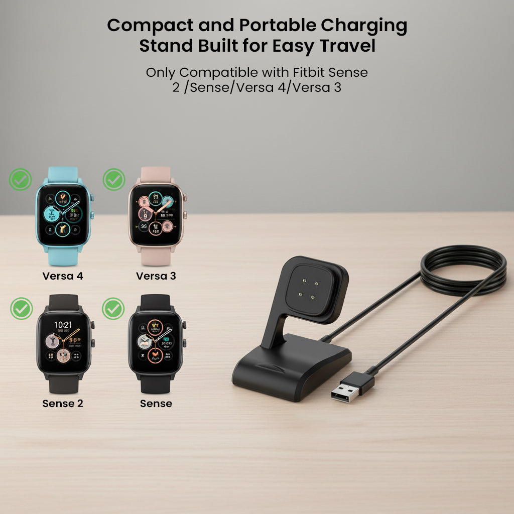TECPHILE USB Charging Dock compatible with Fitbit Sense, Versa 3, Versa 4, and Sense 2, designed for compact travel and easy use.