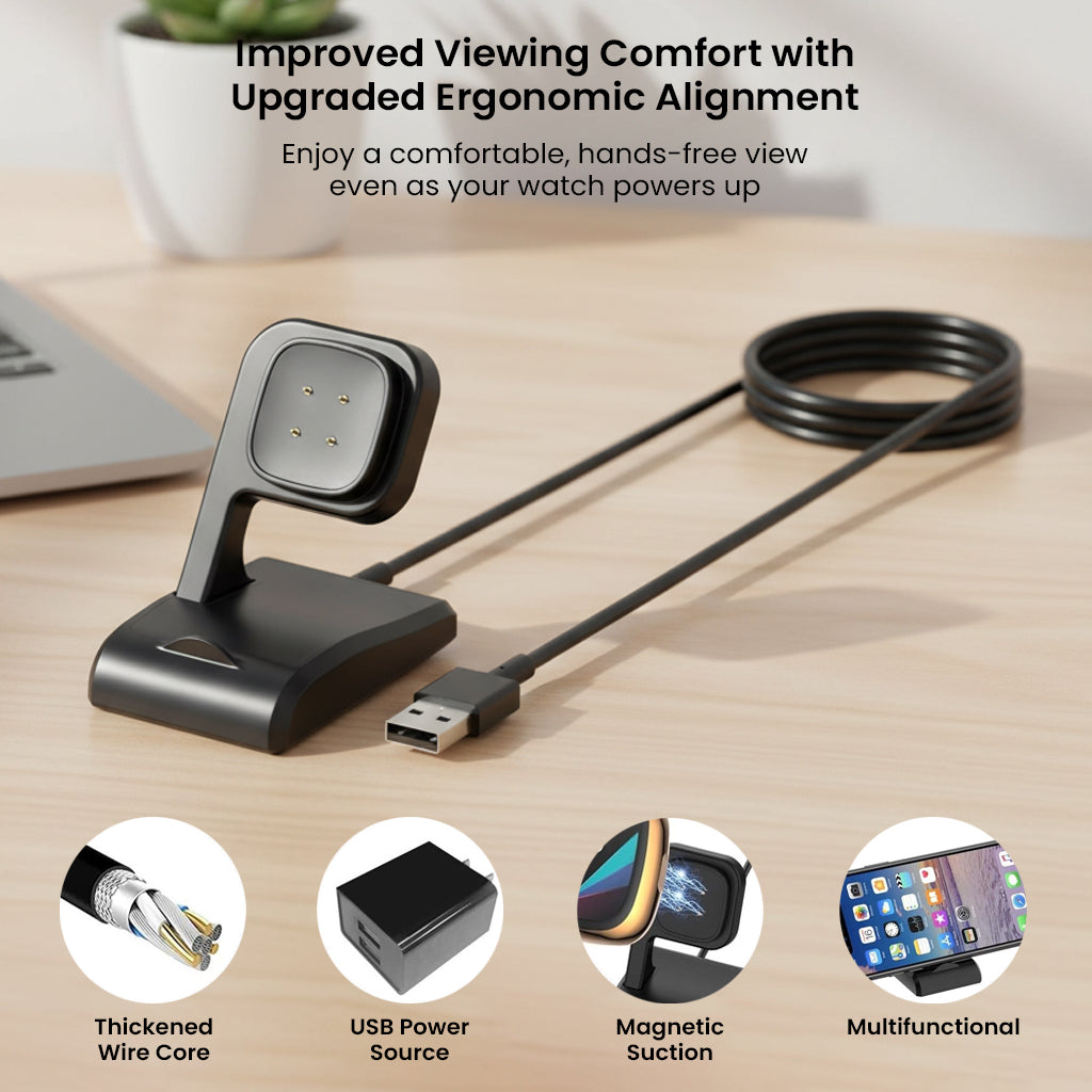 TECPHILE Charging Dock with ergonomic alignment, magnetic suction, and USB power source for comfortable hands-free smartwatch charging.