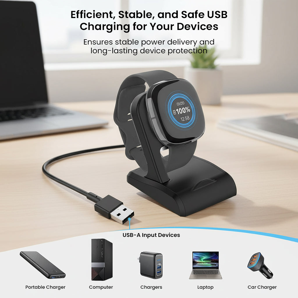 TECPHILE USB Charging Dock ensures efficient and safe charging for Fitbit Sense & Versa 3 via laptops, power banks, and car chargers.