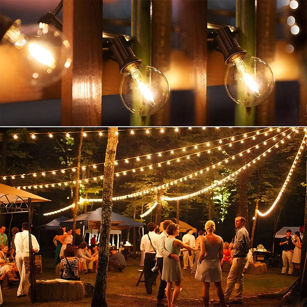 TECPHILE G40 outdoor string lights with waterproof and shatterproof bulbs, elegantly illuminating an outdoor event with warm ambient lighting.