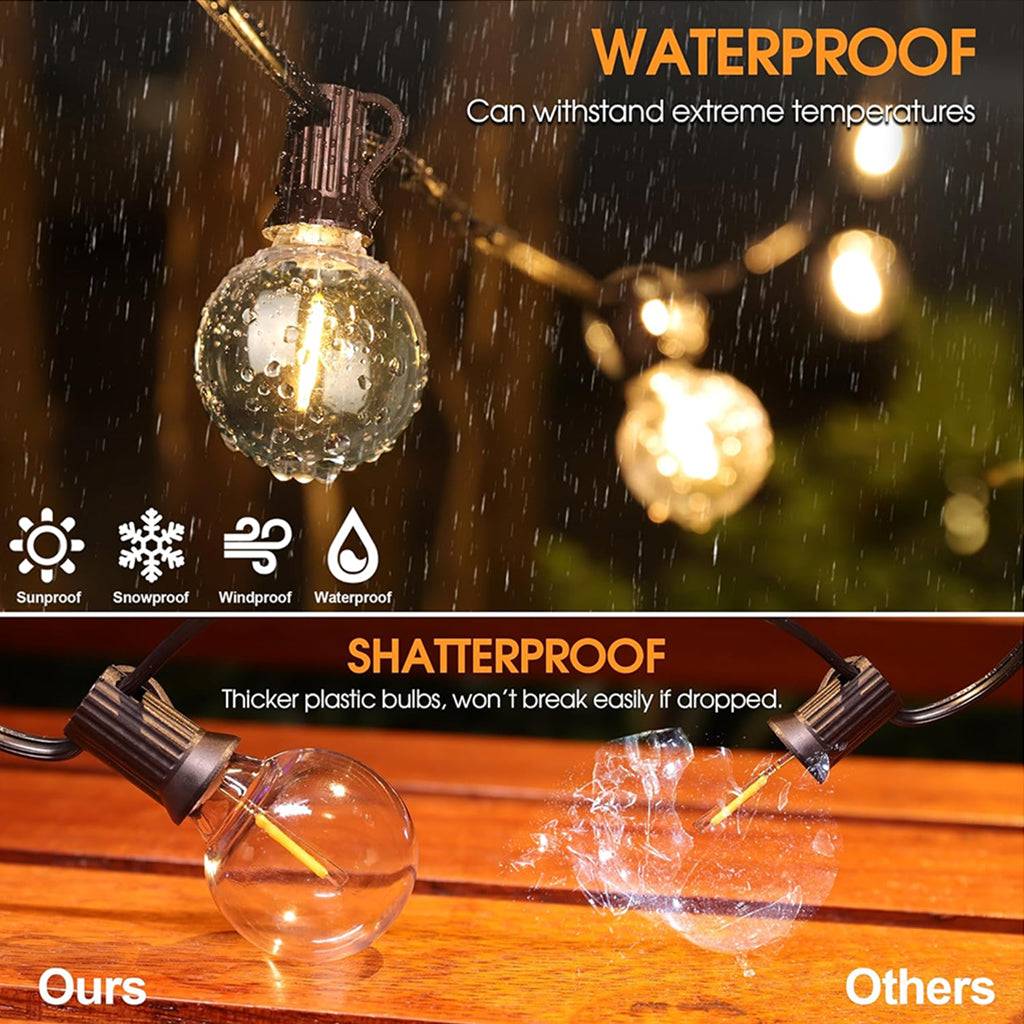 Waterproof and shatterproof TECPHILE G40 LED bulbs in use outdoors, highlighting durability in rain and impact resistance for patio lighting.