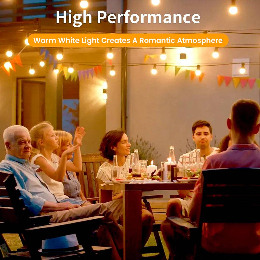 High-performance TECPHILE G40 LED bulbs in warm white lighting up an evening gathering, enhancing ambiance with romantic glow.