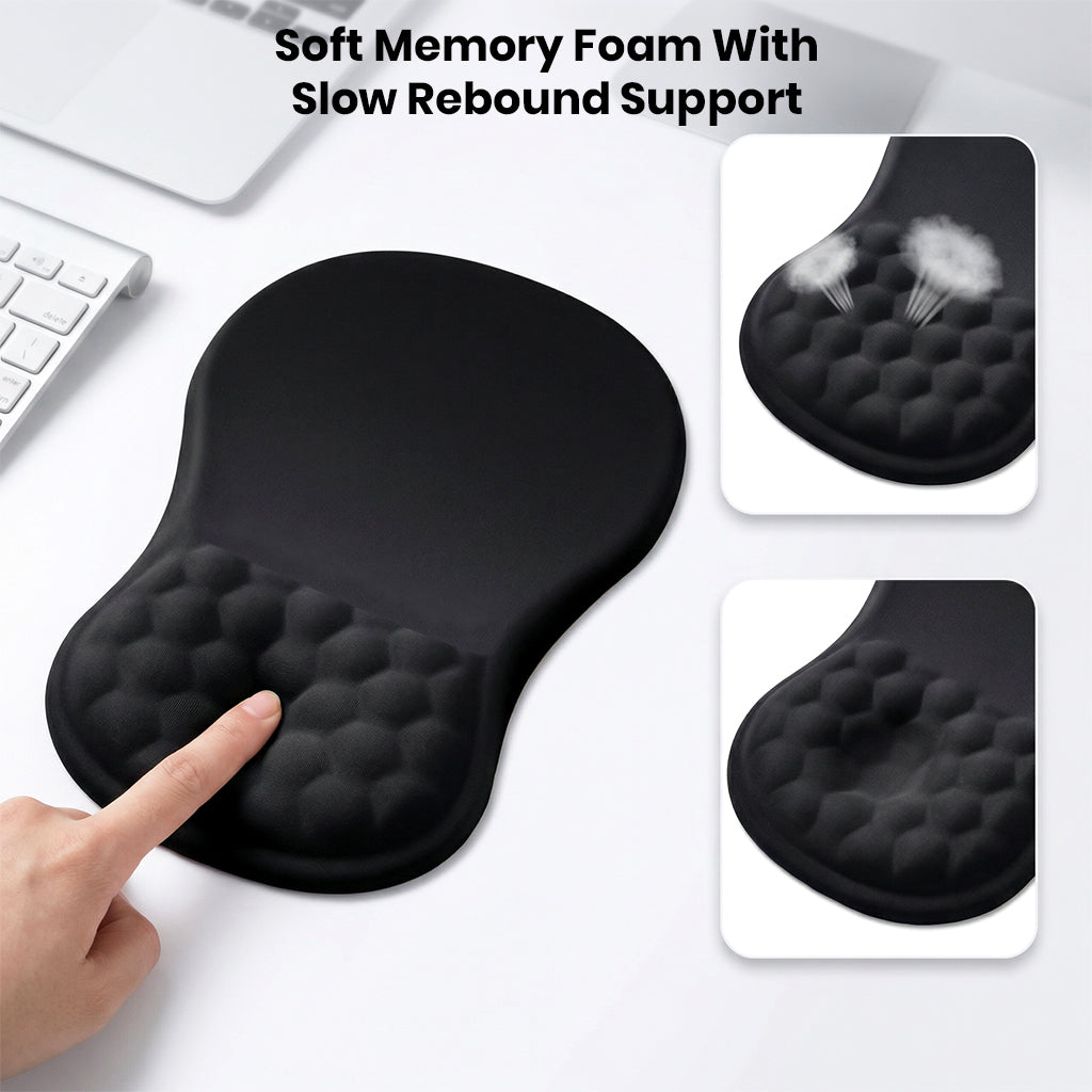 Black memory foam wrist rest mouse pad with breathable surface and anti-slip base
