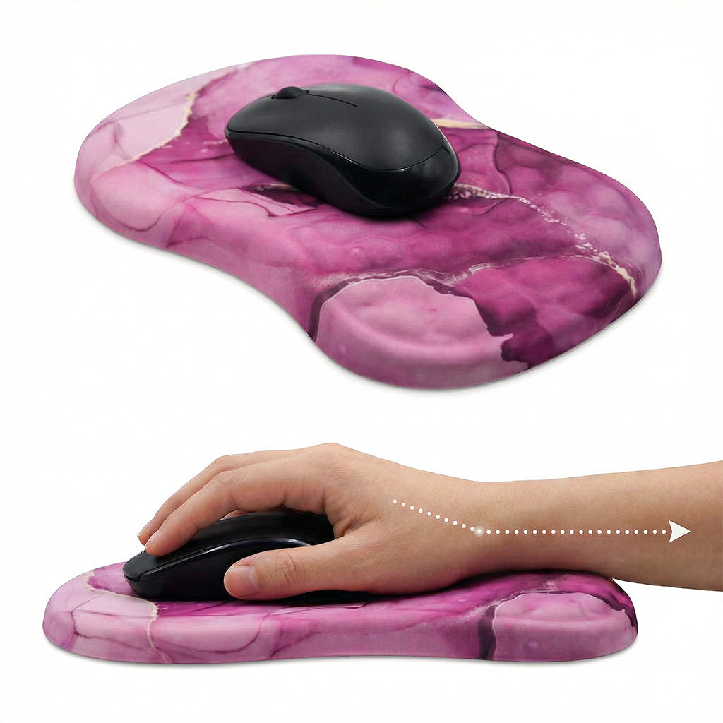 Pink marble memory foam mouse pad with wrist rest and non-slip base