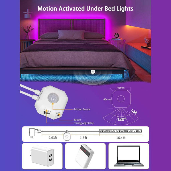 TECPHILE Motion Sensor 5m RGB LED Strip Light with App Control - 2