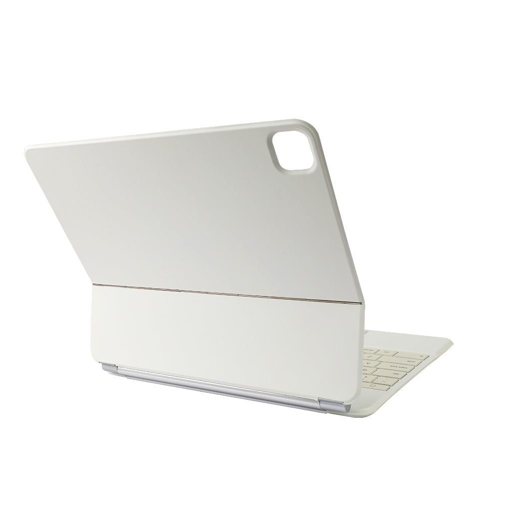 Back view of white TECPHILE P129 Pro Wireless Keyboard Case for iPad Pro 12.9 showing sleek folio design and camera cutout.
