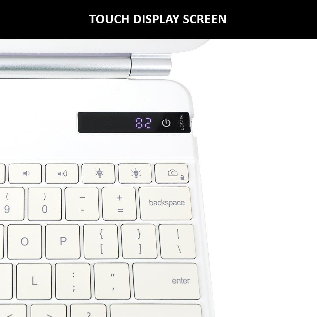 Close-up of TECPHILE P129 Pro Keyboard Case for iPad Pro 12.9 with digital touch display screen for battery and function status.