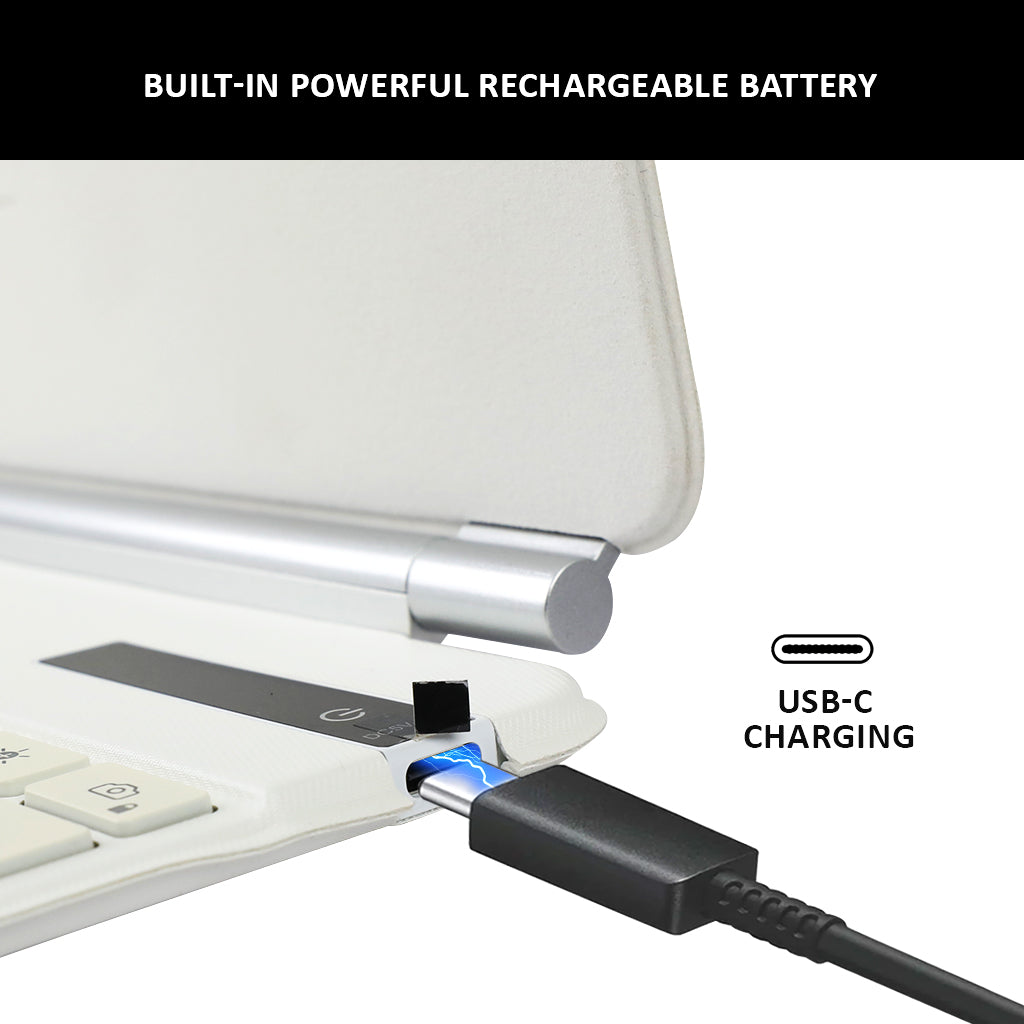 USB-C charging port on TECPHILE P129 Pro Wireless Keyboard Case for iPad Pro 12.9 with built-in rechargeable battery.
