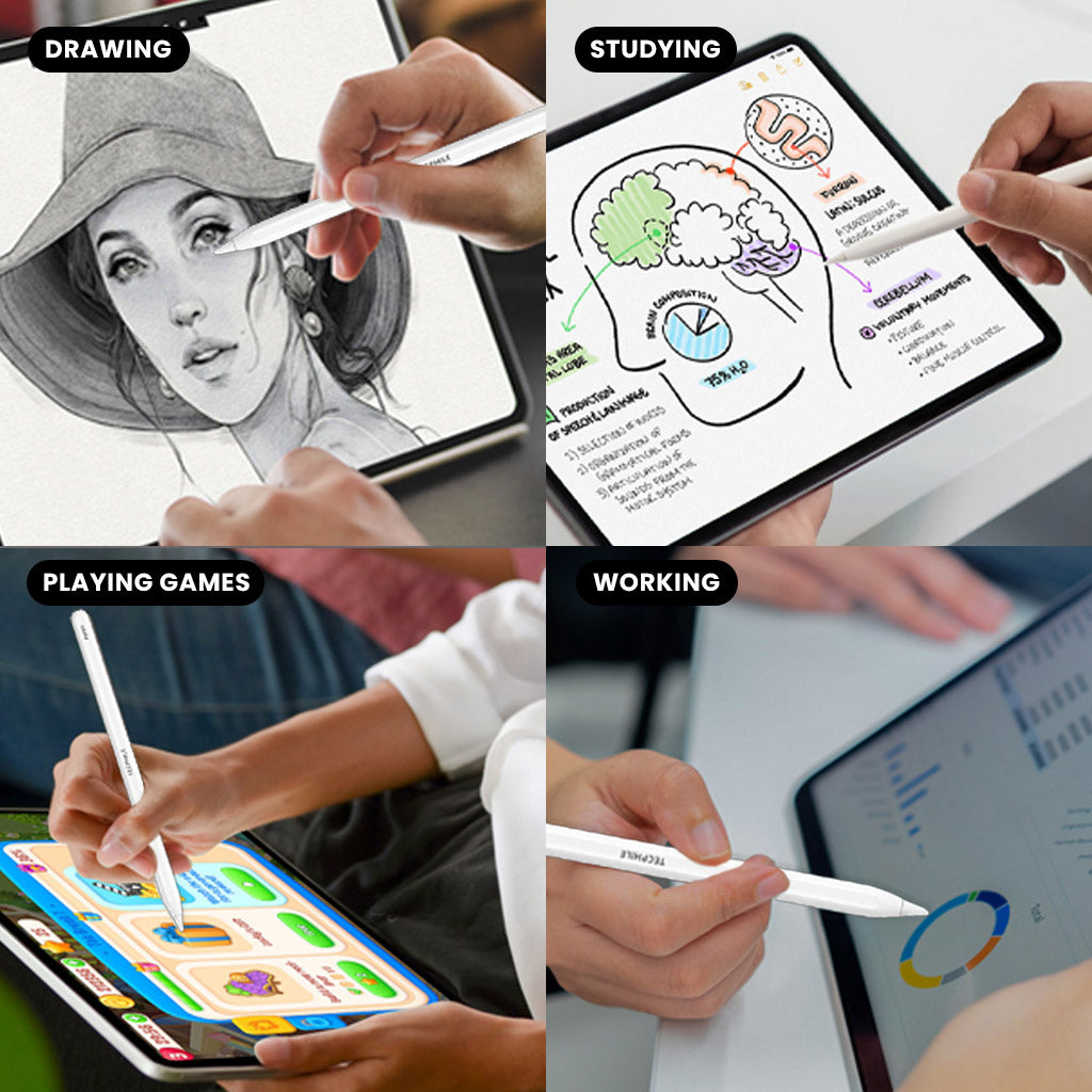TECPHILE P2 Bluetooth iPad Pencil used for drawing, studying, gaming, and working on iPads, showcasing versatility.