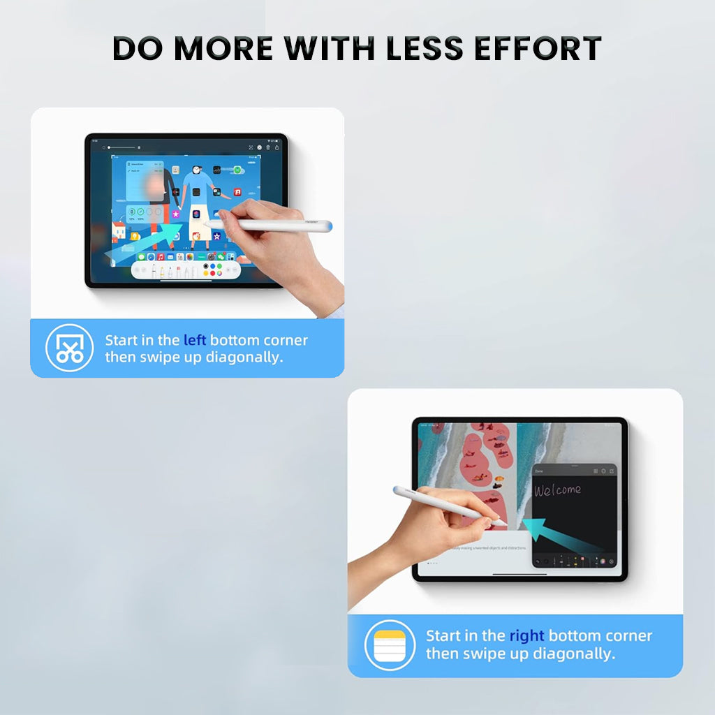 TECPHILE P2 stylus enables efficient multitasking on iPad with gesture shortcuts for app navigation and split screen.