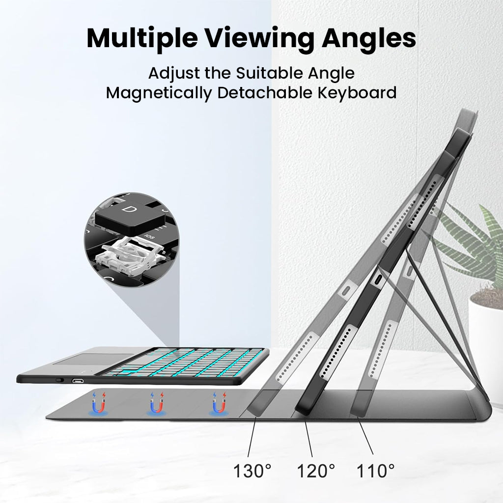 Adjustable viewing angles of PST-M7112 Keyboard Case for Xiaomi Pad 7 / 7 Pro 11.2” with magnetic keyboard and ergonomic tilt options.
