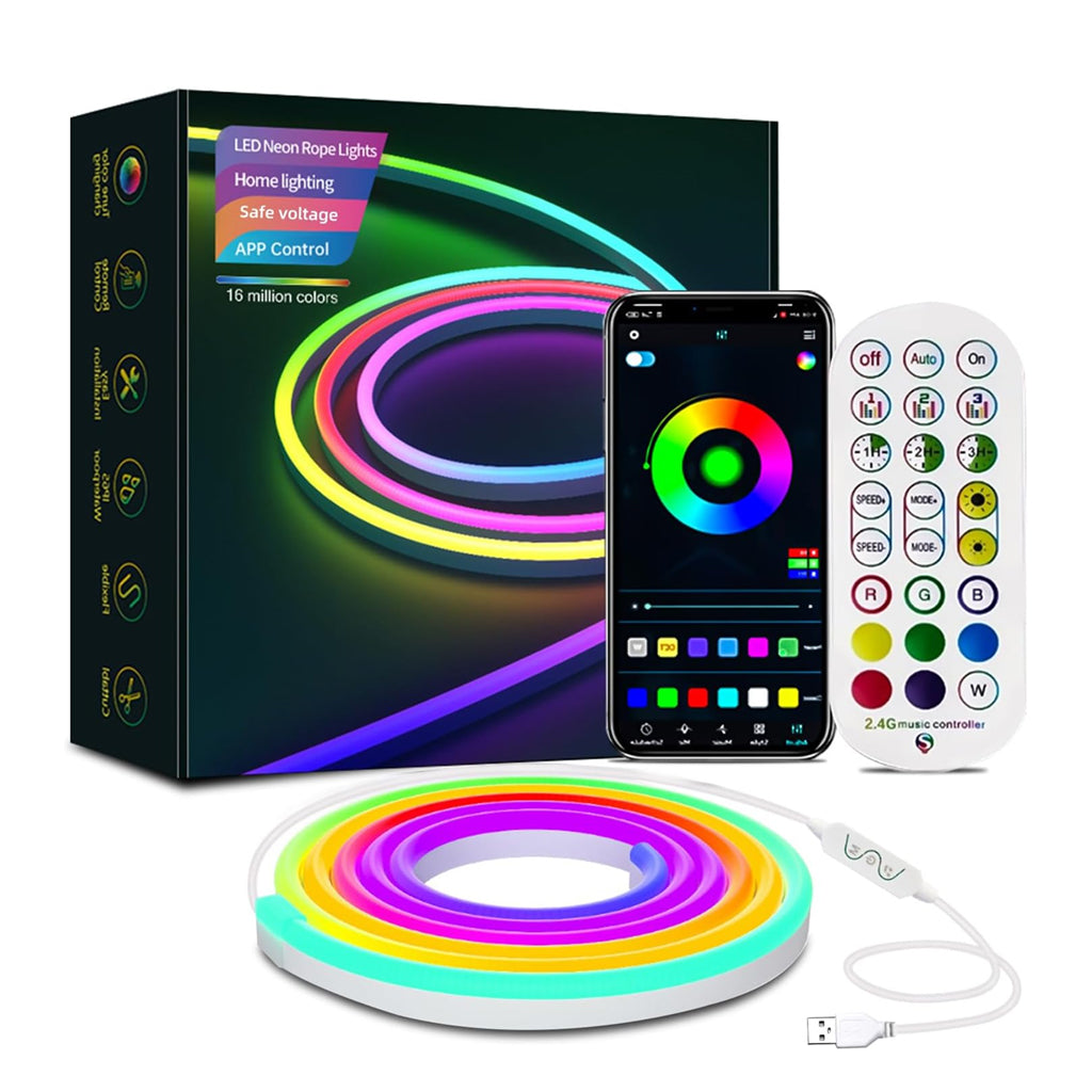 TECPHILE LED Neon Light - Smart RGBIC Strip with 5V adapter, remote, and app control for vibrant home lighting. Ideal for creative room decor.