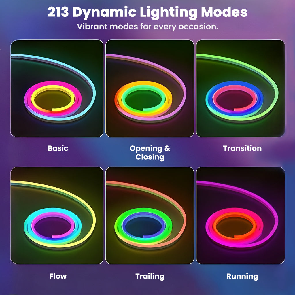 TECPHILE RGBIC Neon LED Strip Light features 213 dynamic lighting modes including flow, transition, and running for immersive ambiance.
