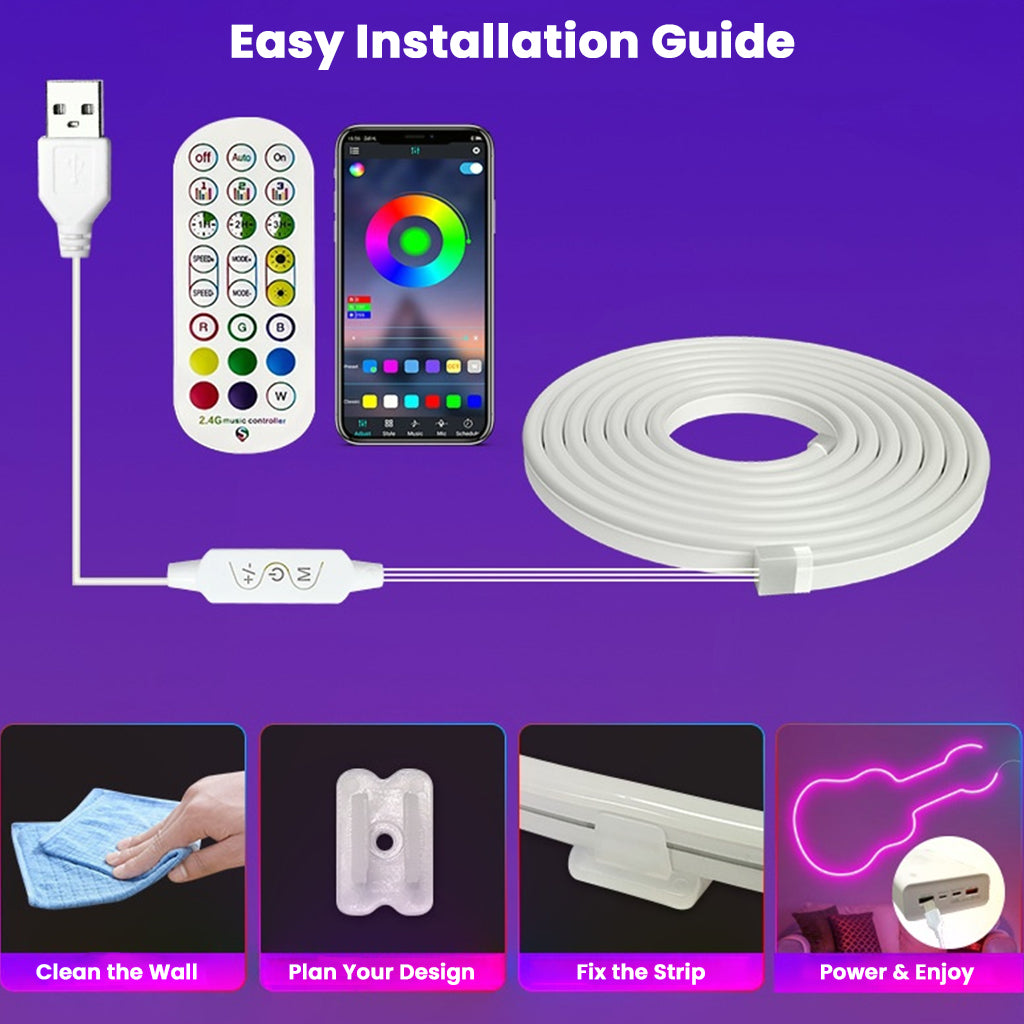 Easy installation guide for TECPHILE RGBIC Neon LED Strip Light includes USB power, wall mounting, and app setup for quick home decor.