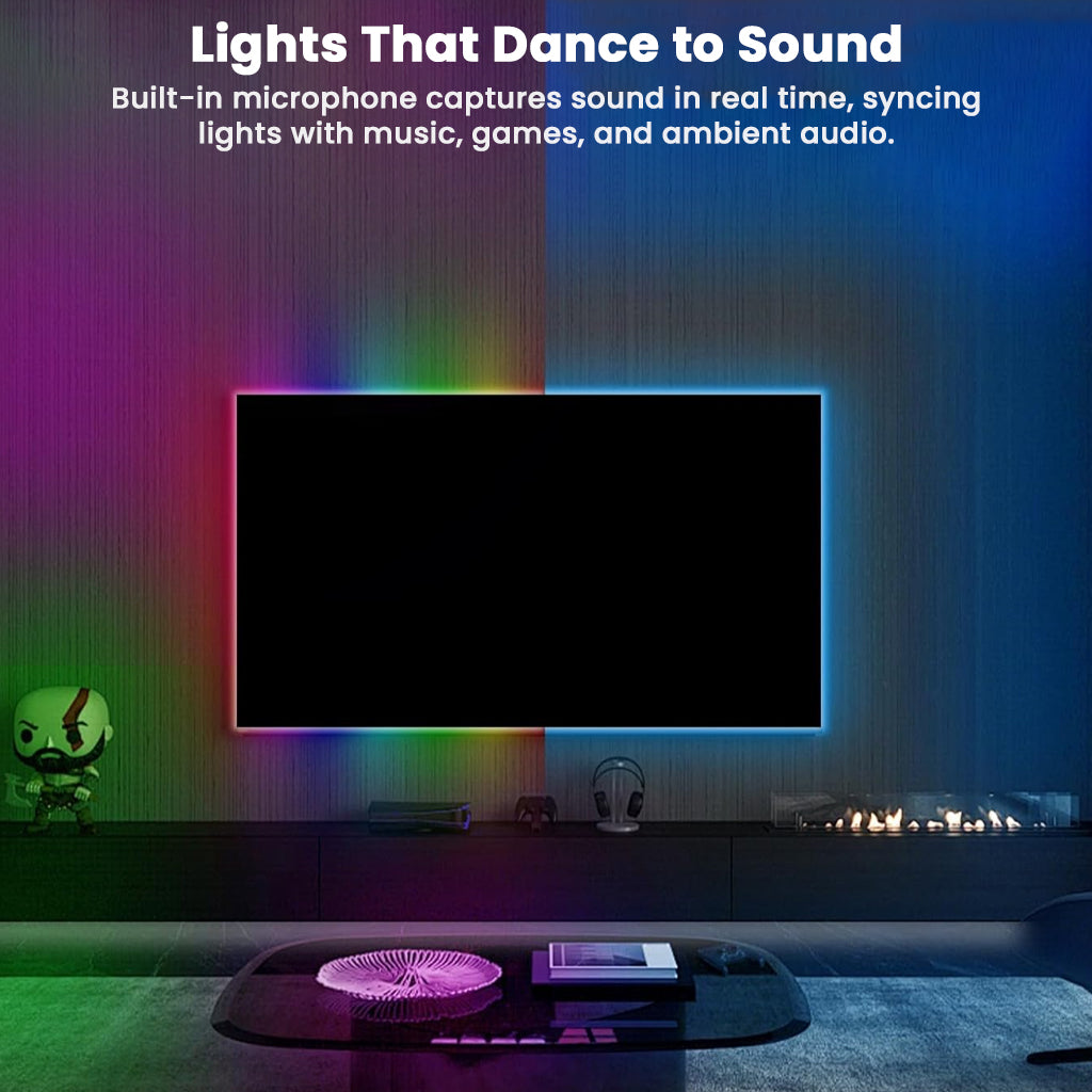TECPHILE RGBIC Neon LED Strip Light syncs with sound using built-in mic, ideal for gaming, music, and immersive entertainment setups.