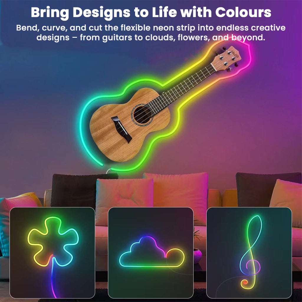 Create colorful designs with TECPHILE RGBIC Neon LED Strip Light, perfect for decorating guitars, flowers, clouds, and more.