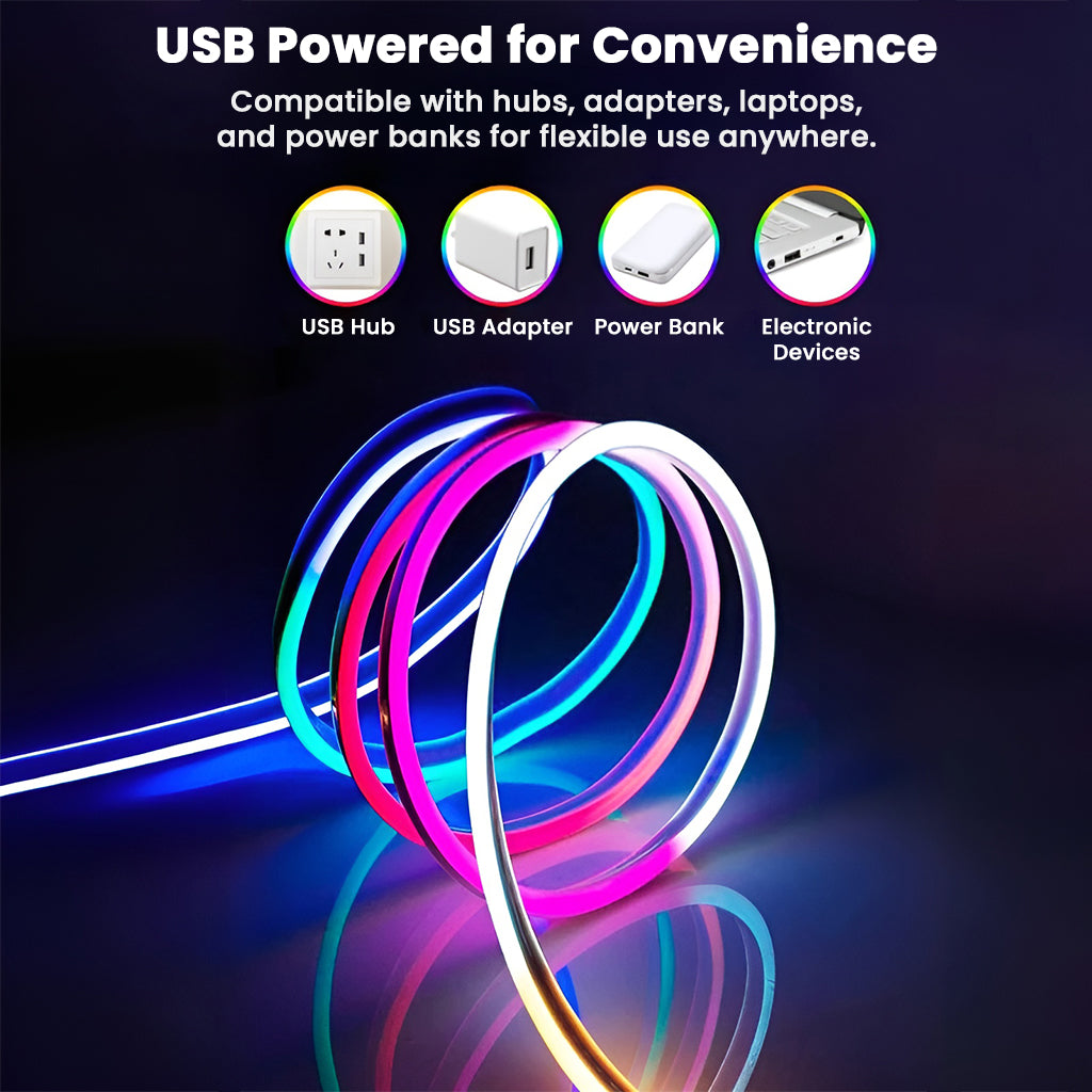 USB-powered TECPHILE LED Neon Light compatible with hubs, adapters, and power banks for flexible and portable lighting solutions.