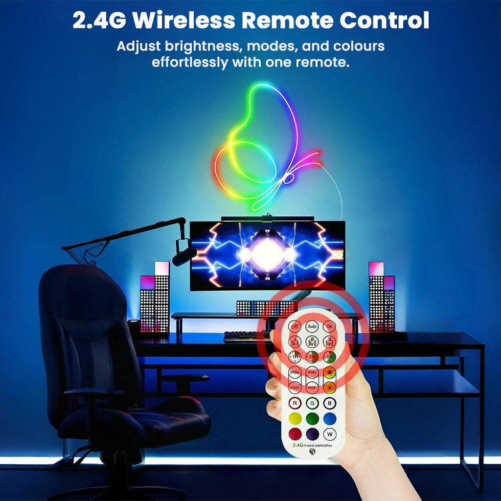 2.4G wireless remote control for TECPHILE RGBIC Neon LED Strip Light allows easy brightness and color adjustments for gaming setups.