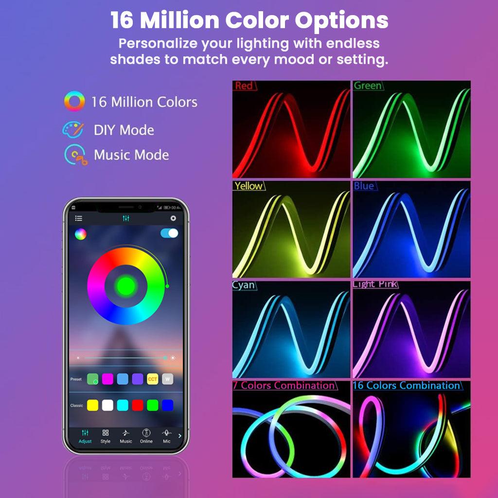 TECPHILE LED Neon Light offers 16 million color options with DIY and music sync modes via app for personalized lighting experiences.