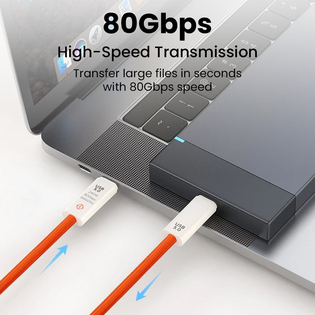 TECPHILE TP03 USB-C to USB-C cable connected to a laptop, showcasing 80Gbps high-speed data transfer for seamless file sharing.