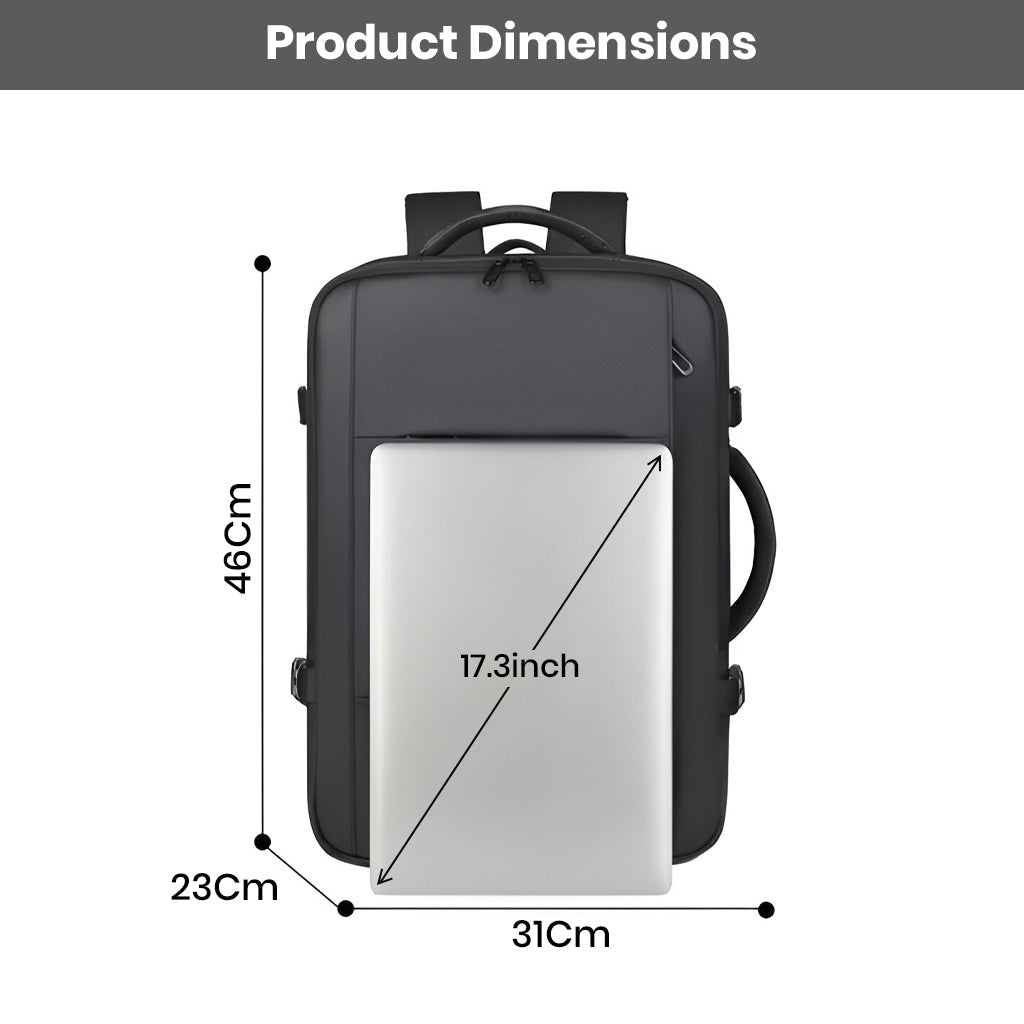 TECPHILE smart backpack with 46cm x 31cm x 23cm dimensions, fits 17.3-inch laptops, ideal for travel and work use.