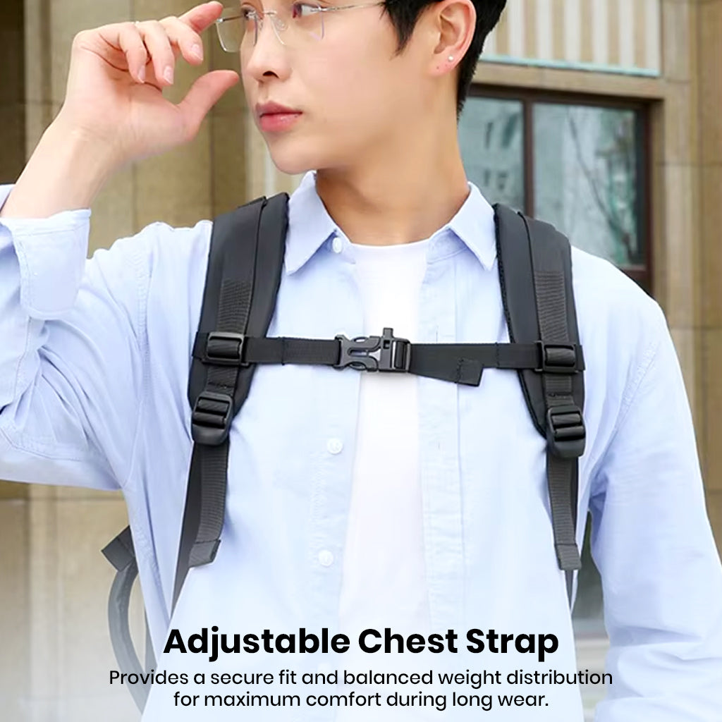 TECPHILE smart backpack with adjustable chest strap for secure fit and balanced weight distribution during extended wear.