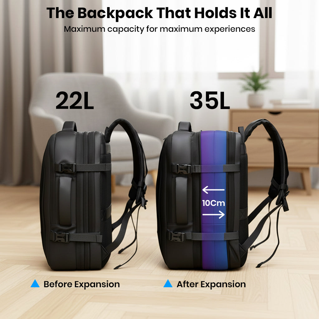 Expandable TECPHILE backpack showing 22L to 35L capacity increase with 10cm expansion, perfect for maximizing storage on the go.