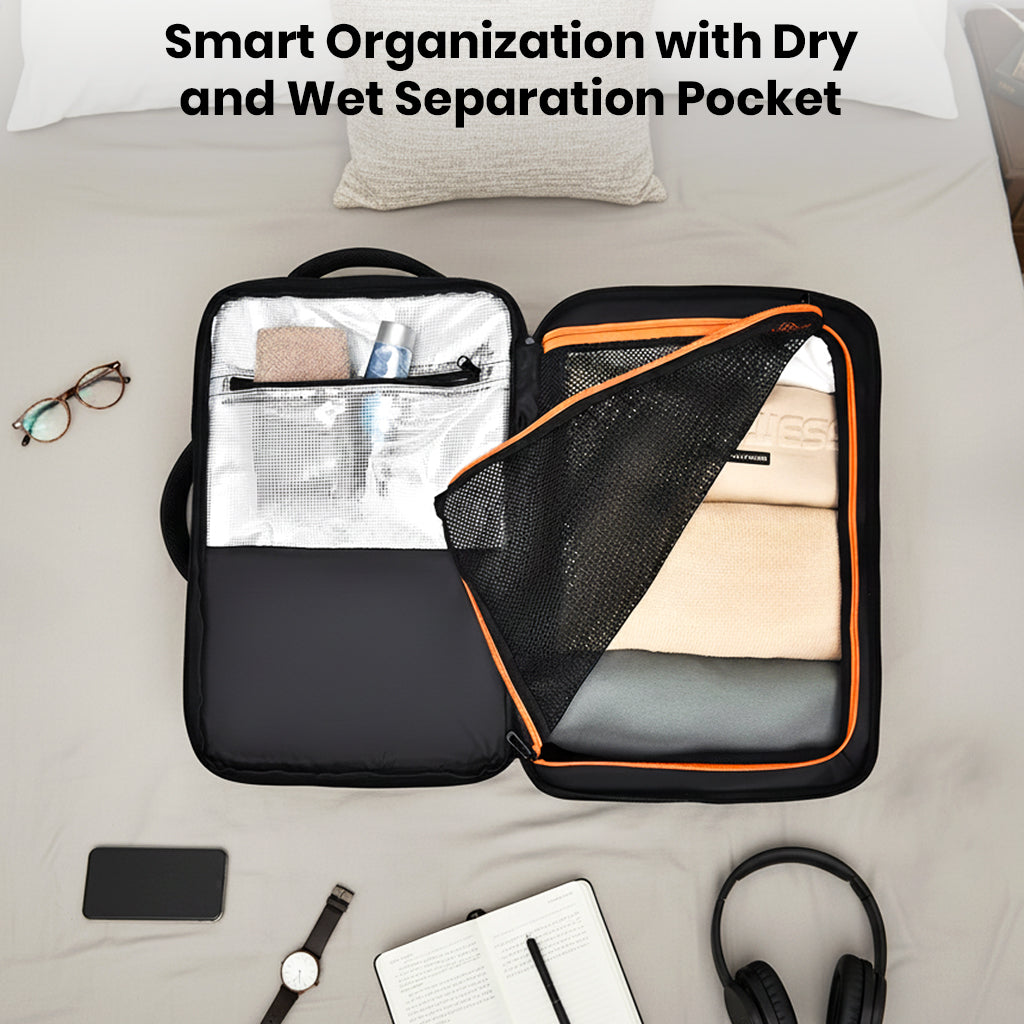TECPHILE travel backpack with dry and wet separation pocket for organized packing of clothes and toiletries.