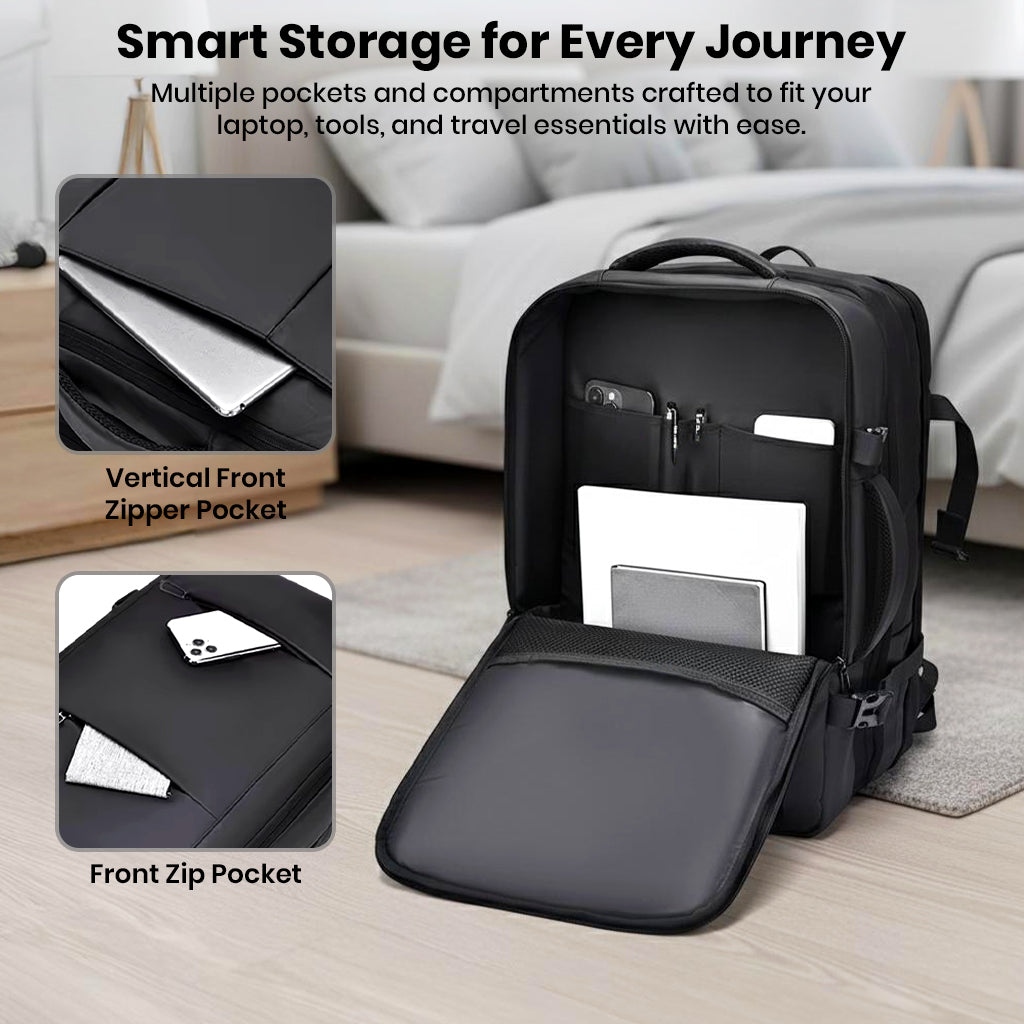 TECPHILE convertible backpack with smart storage compartments for laptop, phone, and accessories, designed for organized travel.