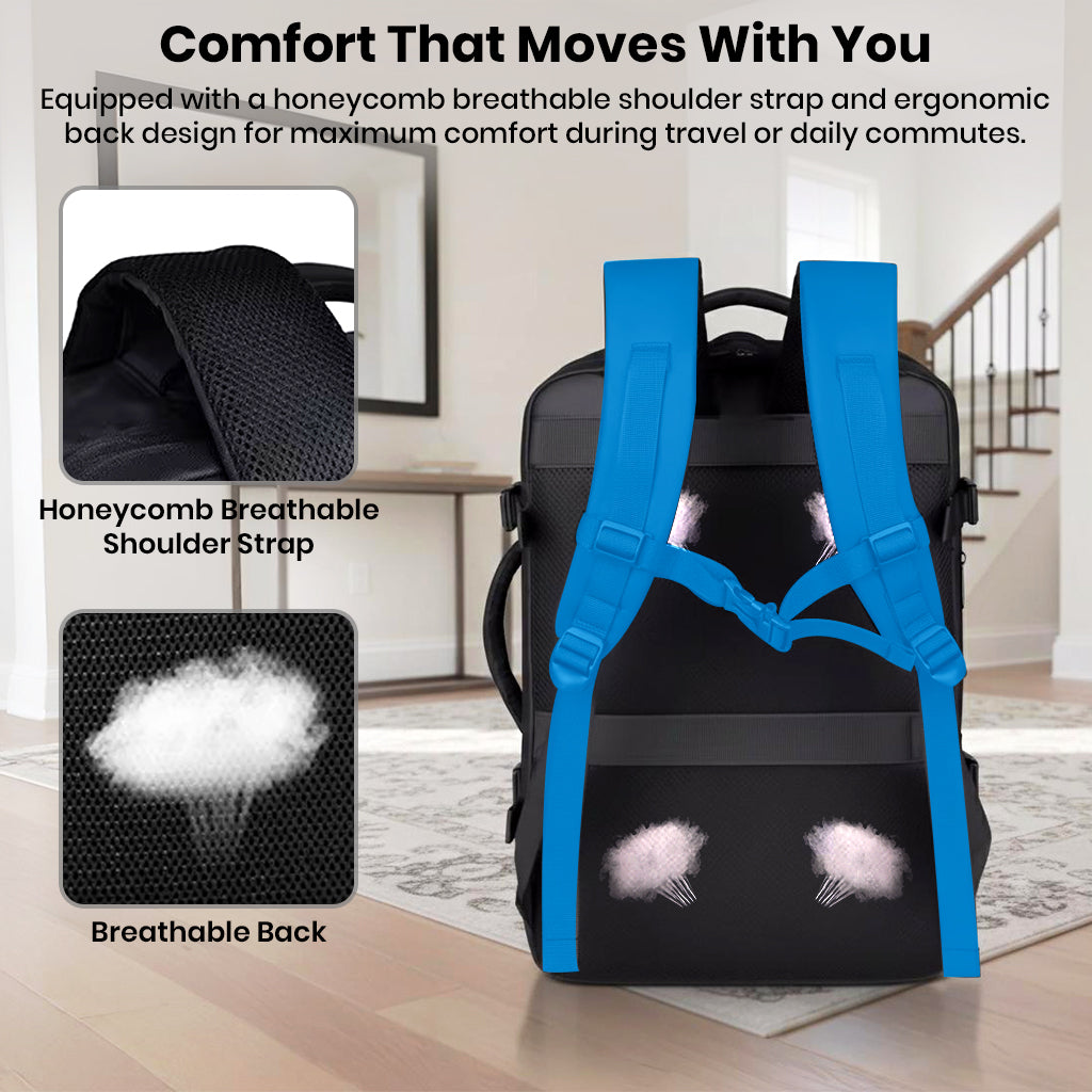 Ergonomic TECPHILE travel laptop bag with breathable honeycomb shoulder straps and back panel for enhanced comfort during commutes.