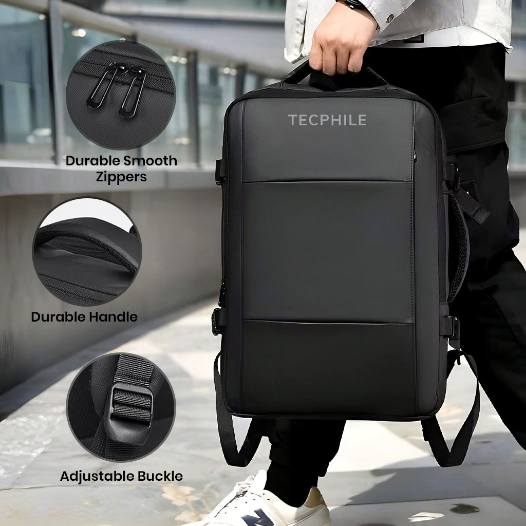 Durable TECPHILE backpack featuring smooth zippers, strong handle, and adjustable buckle for secure and long-lasting use.