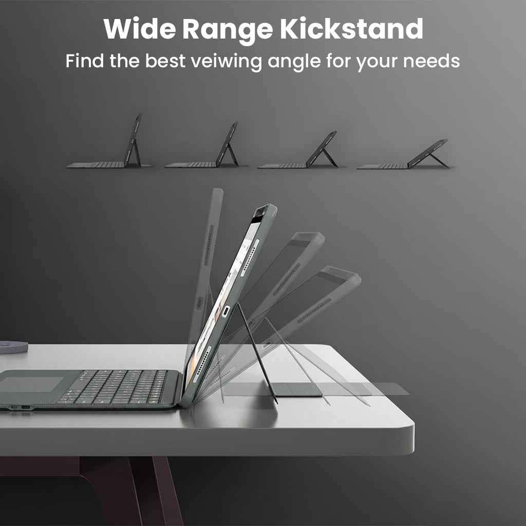 Wide range kickstand on TECPHILE- TJ-OP132 Keyboard Case offers adjustable viewing angles for optimal comfort and usability.