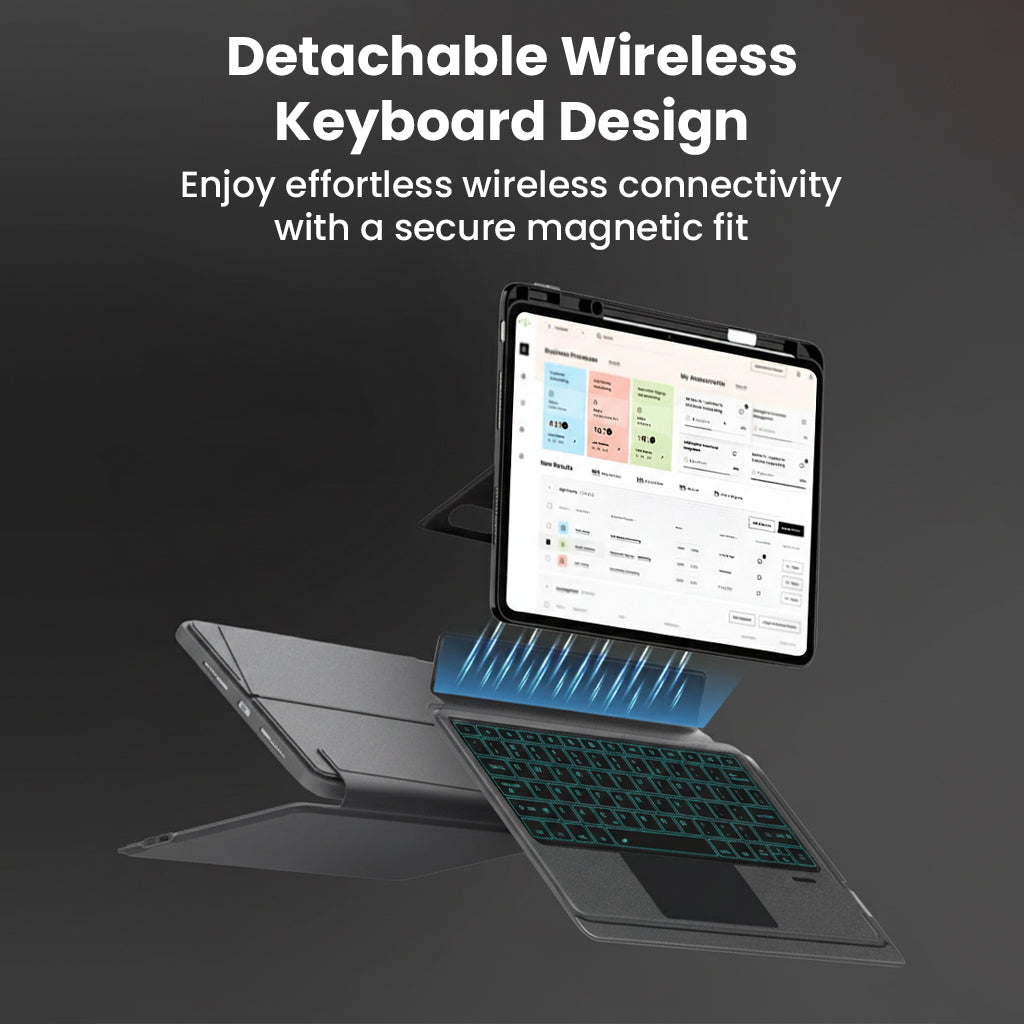 Detachable wireless keyboard design in TECPHILE- TJ-OP132 Case provides magnetic fit and wireless convenience for multitasking users.
