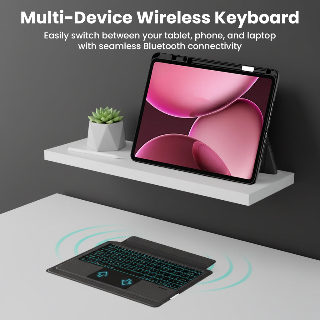 TECPHILE- TJ-OP132 Keyboard Case supports multi-device Bluetooth connectivity, enabling easy switching between tablet, phone, and laptop.