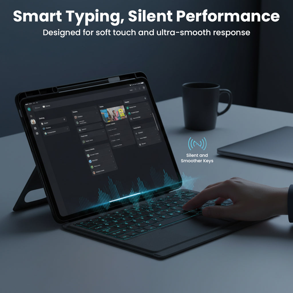 TECPHILE- TJ-OP132 Keyboard Case offers silent typing with ultra-smooth key response, perfect for quiet environments and efficient work.