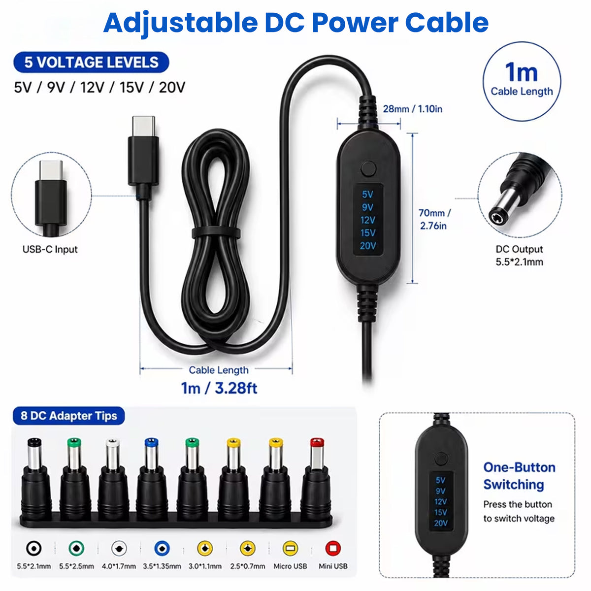TECPHILE PD 140W USB C to DC Power Cable & Adapter with Digital Display