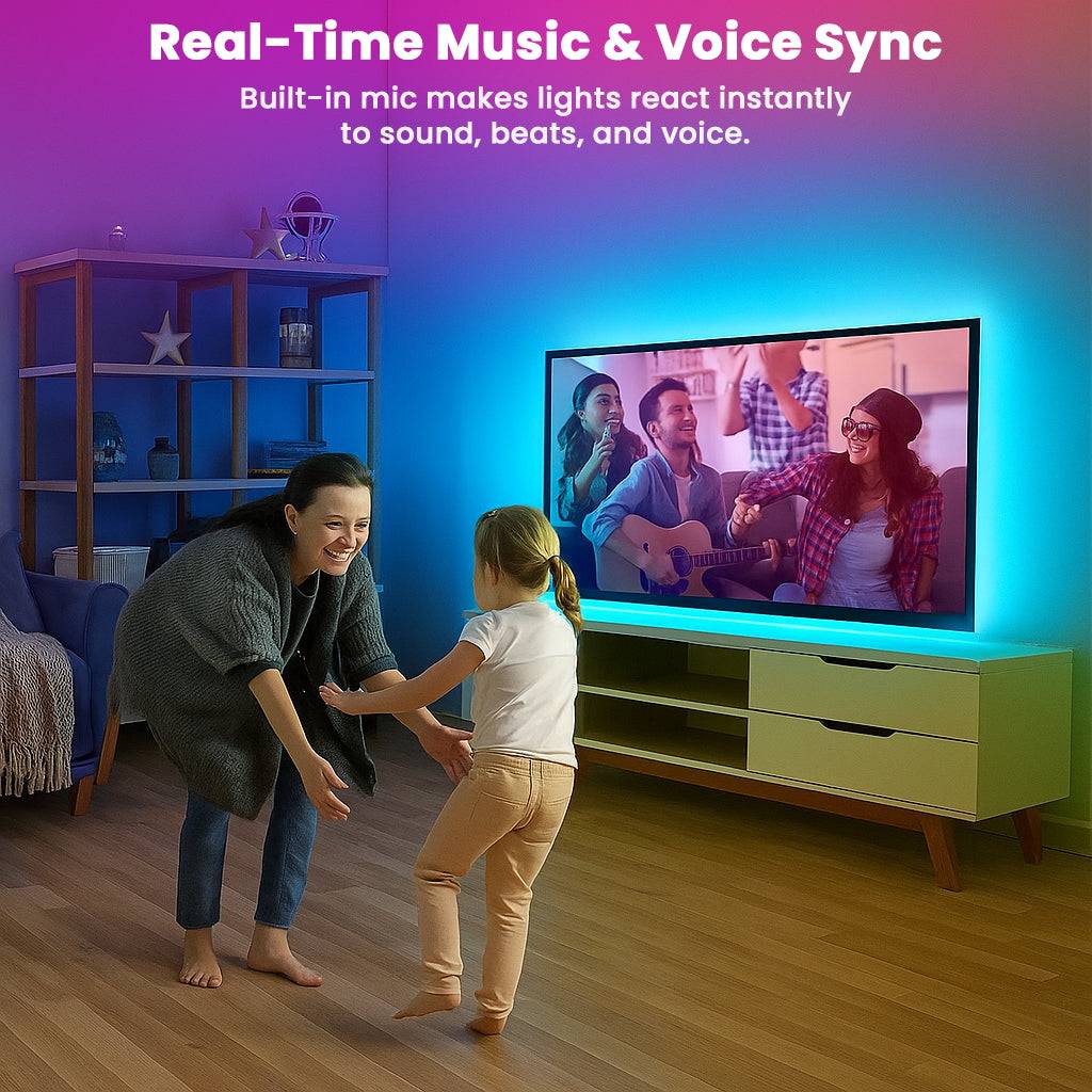 Real-time music and voice sync feature of TECPHILE Neon Rope Lights reacting to sound and beats in a family living room setting.