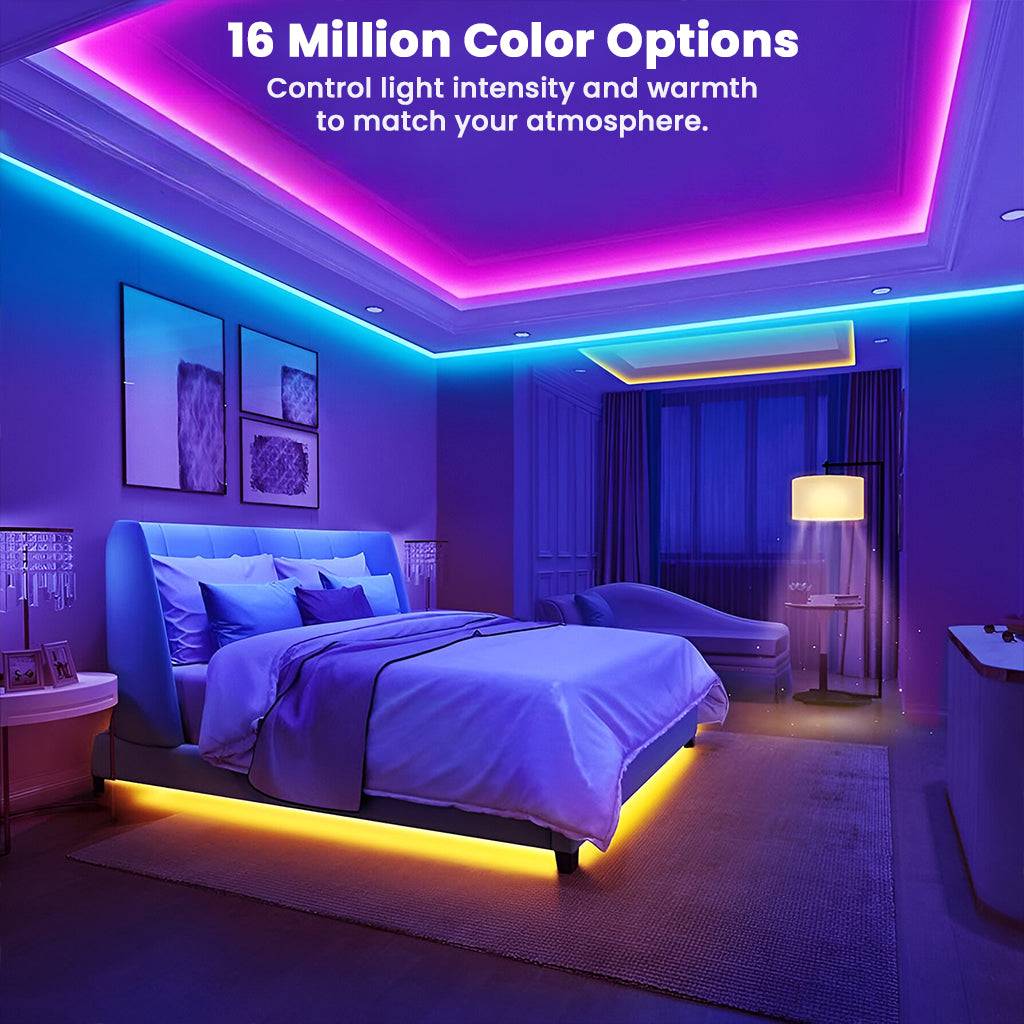 TECPHILE RGB LED neon strip lights illuminating a bedroom ceiling and bed base with 16 million color options for customizable ambiance.
