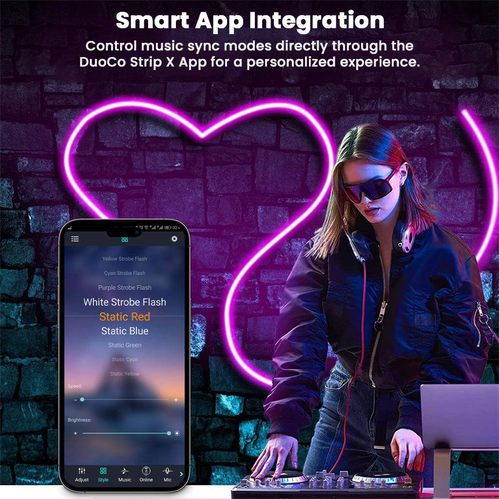 Smart app integration of TECPHILE Neon Rope Lights showing music sync control via DuoCo Strip X App with neon heart wall decor.