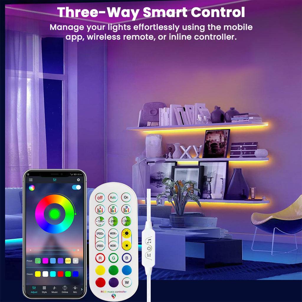 Three-way smart control of TECPHILE Neon Rope Lights using mobile app, remote, or inline controller in a modern living room setup.